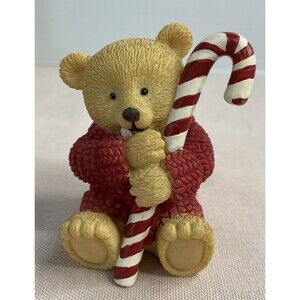 Bronson Collectibles Teddy Bear In A Red Sweater Holding A Candy cane 1995